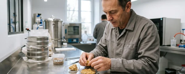 Extracteur artisanal examinant du frozen hash de couleur ambrée sur une surface de travail en acier inoxydable dans un laboratoire d'extraction.