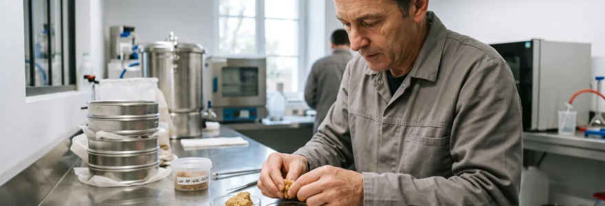 Extracteur artisanal examinant du frozen hash de couleur ambrée sur une surface de travail en acier inoxydable dans un laboratoire d'extraction.