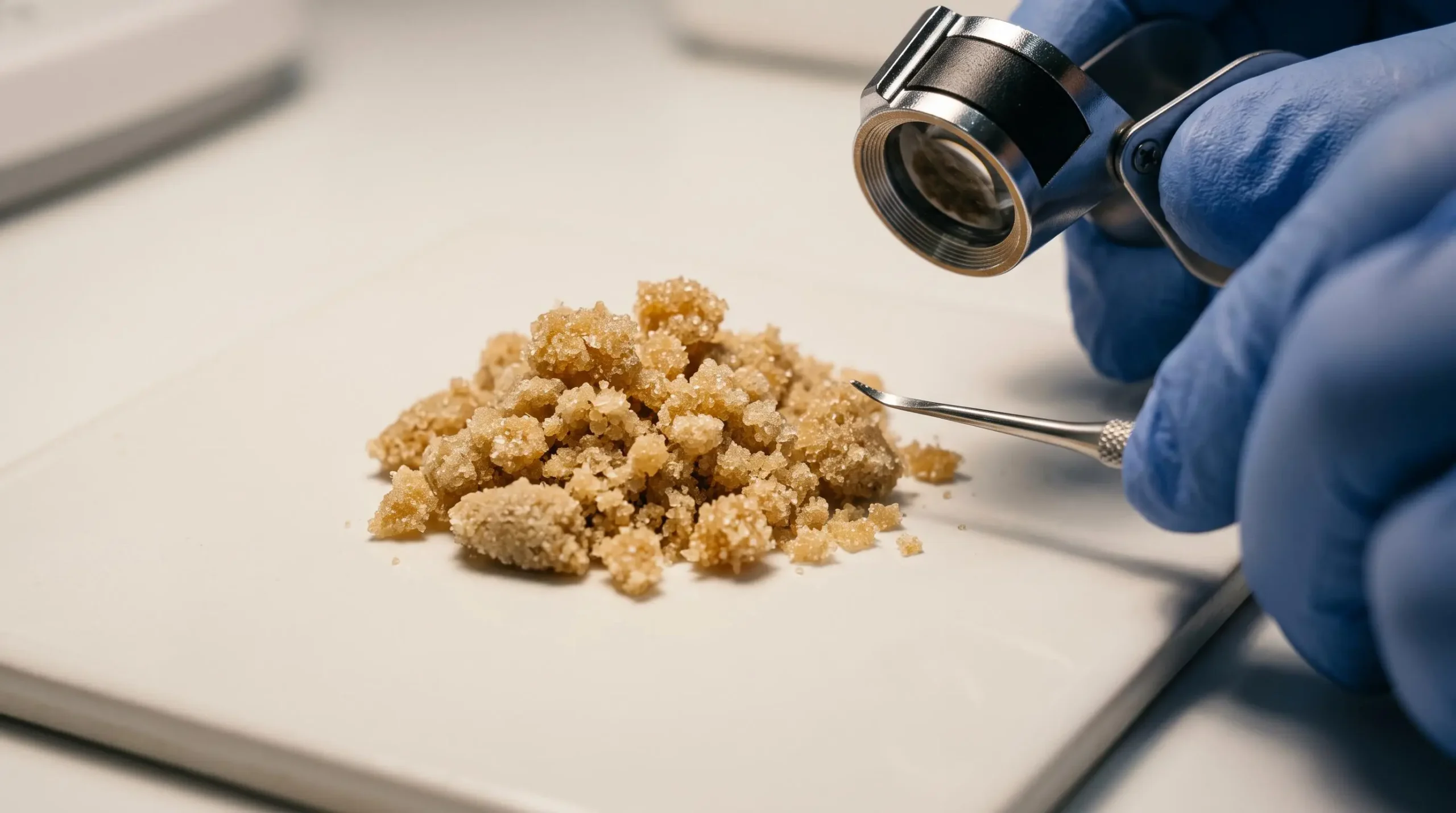 Gros plan sur du frozen hash premium montrant la structure cristalline des trichomes et la texture granuleuse caractéristique, avec une main tenant une loupe d'inspection.