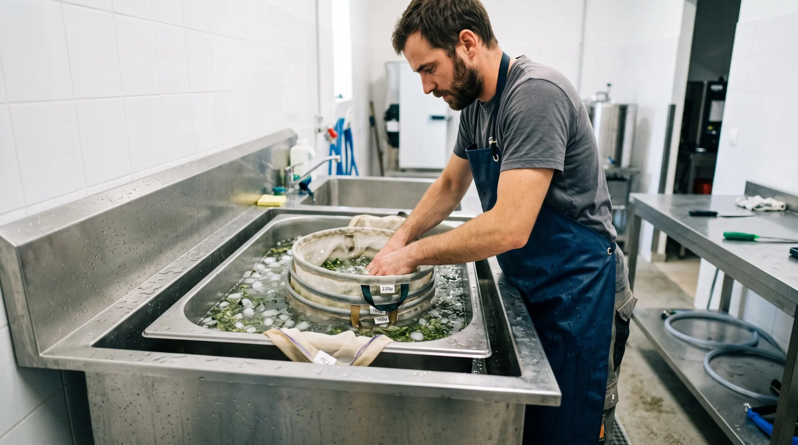 Extracteur manipulant des sacs de filtration immergés dans de l'eau glacée contenant du matériel végétal lors du processus d'ice water hash.